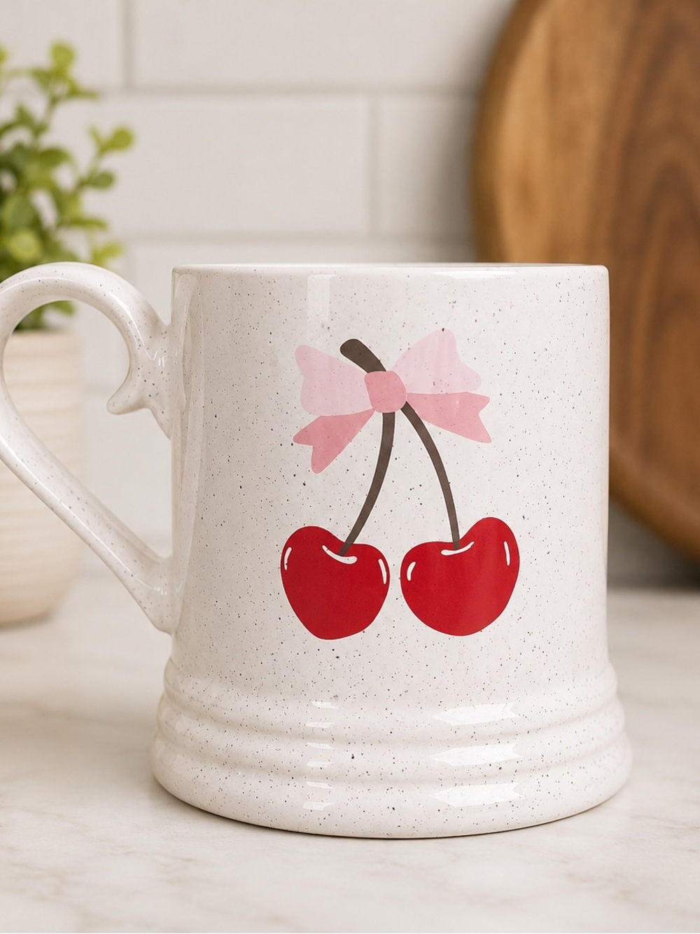 Speckled Cherry Mug in White with Red Cherries and Pink Bow bloom pottery